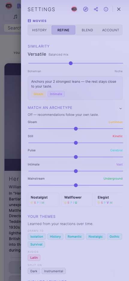 Anchor recommendations to one of 32 archetypes via facet sliders