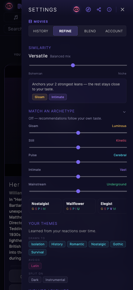 Anchor recommendations to one of 32 archetypes via facet sliders