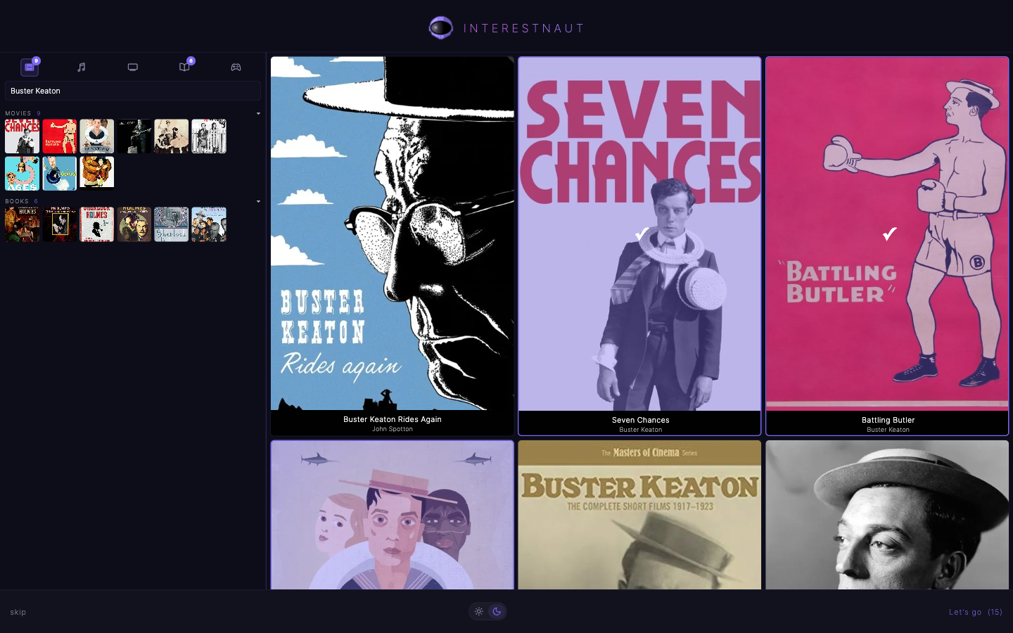 Onboarding — favorite films and books accumulating in the sidebar as you tap